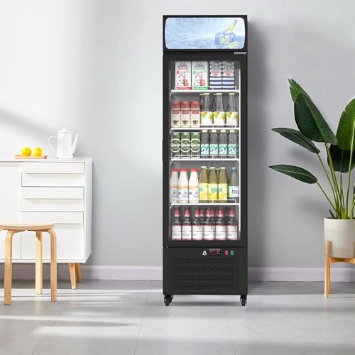 PrecisionAuto Commercial Display Beverage Fridge with Glass Door 11.3 Cu.Ft/320L Merchandiser Refrigerators with 4 Adjustable Shelves Lightbox for Home Restaurant Office Grocery Stores, Black