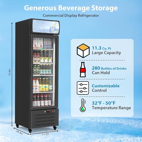 PrecisionAuto Commercial Display Beverage Fridge with Glass Door 11.3 Cu.Ft/320L Merchandiser Refrigerators with 4 Adjustable Shelves Lightbox for Home Restaurant Office Grocery Stores, Black