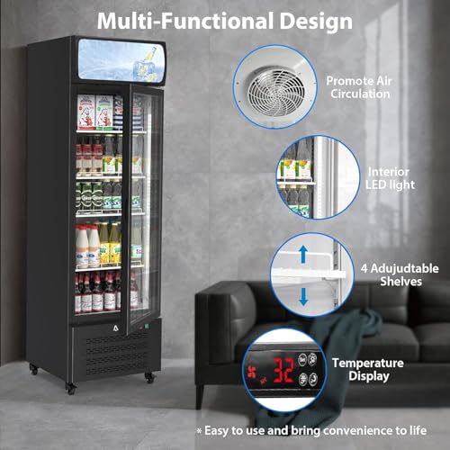 PrecisionAuto Commercial Display Beverage Fridge with Glass Door 11.3 Cu.Ft/320L Merchandiser Refrigerators with 4 Adjustable Shelves Lightbox for Home Restaurant Office Grocery Stores, Black