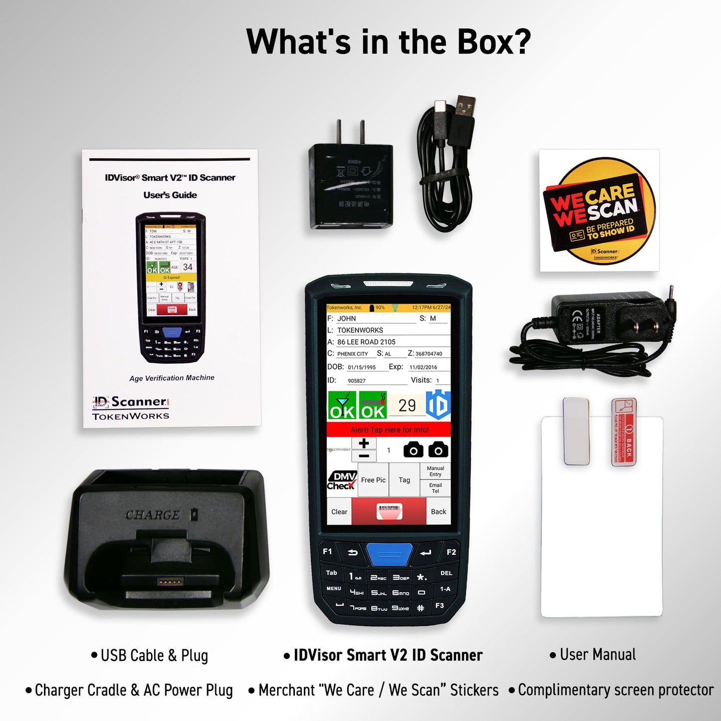 IDVisor Smart V2 ID Scanner - Drivers License and Passport Age Verification & Customer Management + Charger Cradle, Hand Strap & more.